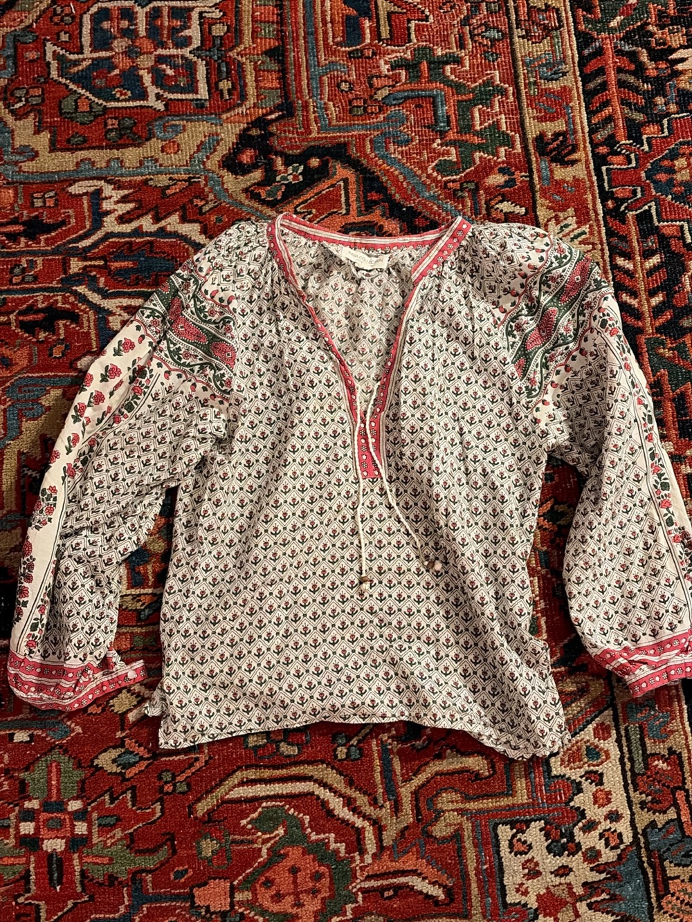 Emerson Fry India Collection Woven Floral Peasant Top in Ivory and Pink